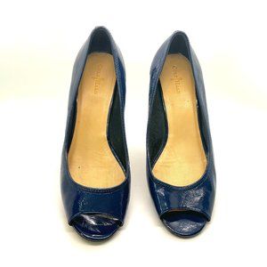 Cole Haan Stacked Wedge peep toe wedge pump navy blue patent leather– Size 10W